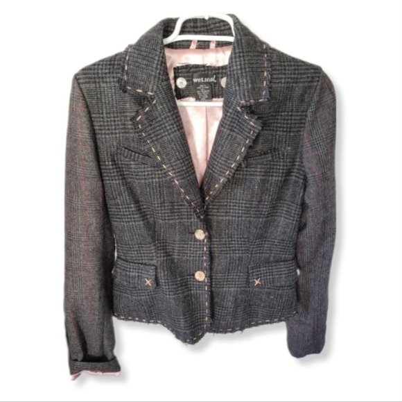 Wet Seal Jacket Blazer Gray Plaid Pink Stitching Wool Blend Junior Size M - Picture 1 of 4